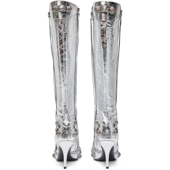 Women's Faux Leather Silver Stiletto Knee High Pointed Toe High Heel Zipper Boot - Picture 4 of 7
